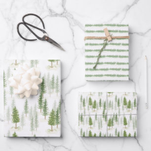 Feuille De Papier Cadeau Aquarelle moderne Noël Arbres verts