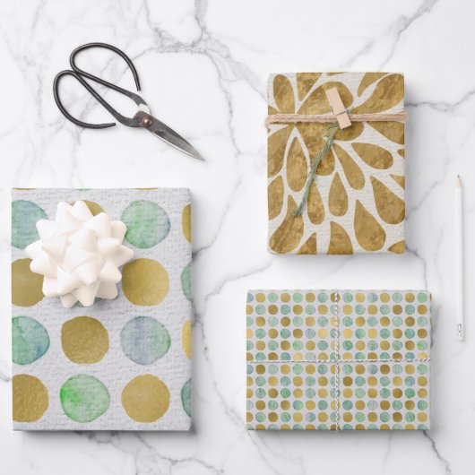 Feuille De Papier Cadeau Aquarelle moderne verte et dorée (Recto)