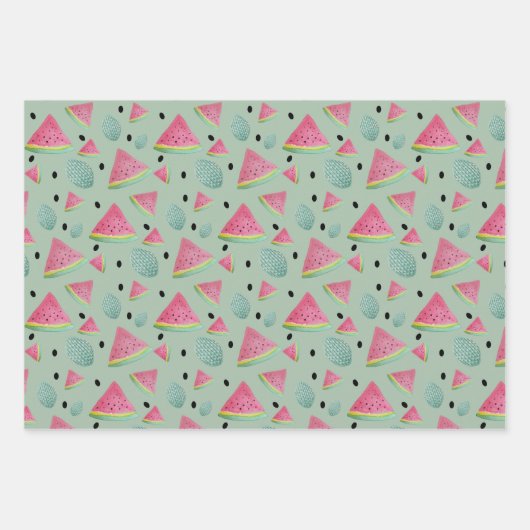 Feuille De Papier Cadeau Aquarelle Motif rose et verte (Devant)
