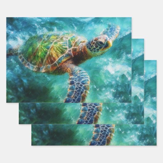 Feuille De Papier Cadeau Aquarelle Natation Tortue de mer (Lot)