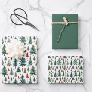 Feuille De Papier Cadeau Aquarelle Noël Arbres sur Blanc
