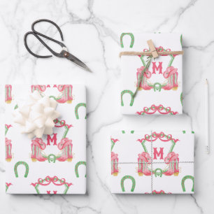 Feuille De Papier Cadeau Aquarelle Noël Bottes Monogramme Crest