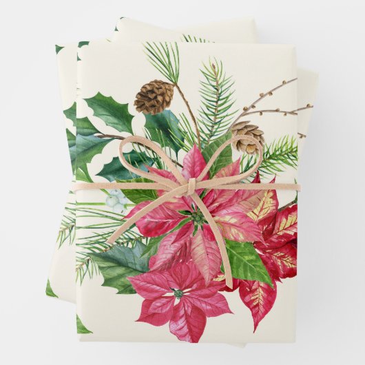 Feuille De Papier Cadeau Aquarelle Noël Poinsettia Fleurs (En situation)