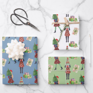 Feuille De Papier Cadeau Aquarelle Noël Shopping Mode Fille