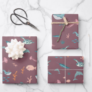 Feuille De Papier Cadeau Aquarelle Océan Sea Animaux Motif rose pâle
