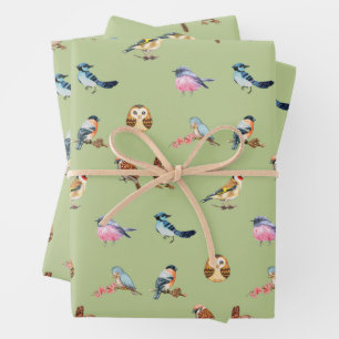 Feuille De Papier Cadeau Aquarelle Oiseaux forestiers sauvages Vert