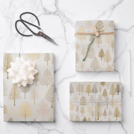 Feuille De Papier Cadeau Aquarelle or Arbres de Noël (Recto)