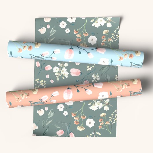 Feuille De Papier Cadeau Aquarelle Pastel Fleur sauvage en bleu orange et b