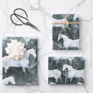 Feuille De Papier Cadeau Aquarelle Peinte Élégant Chevaux Blanches Neige