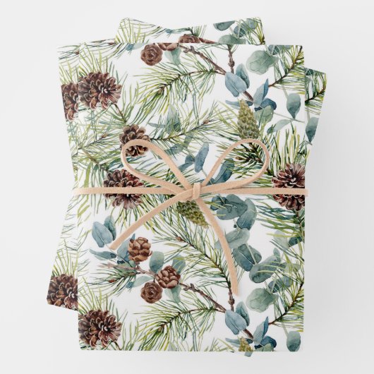Feuille De Papier Cadeau Aquarelle Pine et Pine Cônes Motif Noël (En situation)