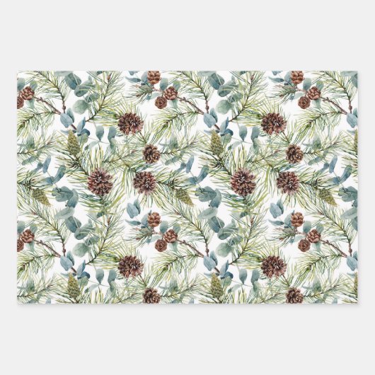 Feuille De Papier Cadeau Aquarelle Pine et Pine Cônes Motif Noël (Devant)