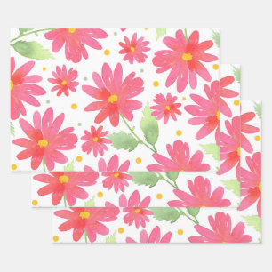 Feuille De Papier Cadeau Aquarelle rose corail Motif marguerite 2