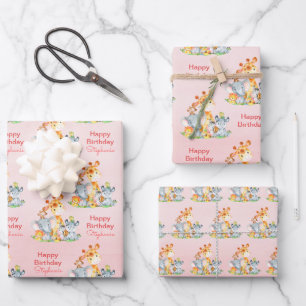 Feuille De Papier Cadeau Aquarelle rose Cute Safari Jungle Animaux