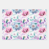 Feuille De Papier Cadeau Aquarelle rose, fleurs bleues. (Devant)