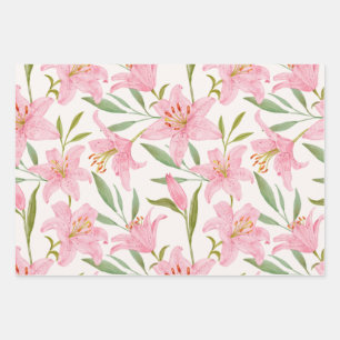 Feuille De Papier Cadeau Aquarelle rose Fleurs Lys Botanique