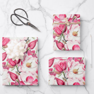 Feuille De Papier Cadeau Aquarelle rose Magnolia Motif