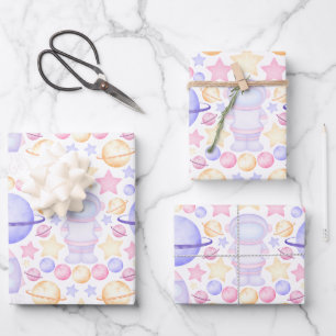 Feuille De Papier Cadeau Aquarelle rose mignonne Astronautes de l'espace An