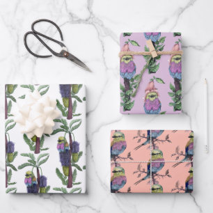 Feuille De Papier Cadeau Aquarelle rose mignonne Motif d'oiseaux africains