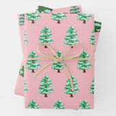 Feuille De Papier Cadeau Aquarelle rose moderne Noël Pin vert (En situation)