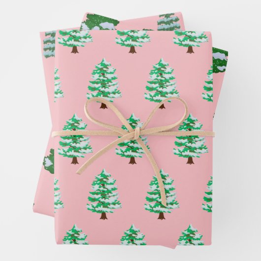 Feuille De Papier Cadeau Aquarelle rose moderne Noël Pin vert (En situation)