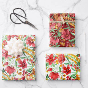 Feuille De Papier Cadeau Aquarelle rose or jaune blanc Motif floral