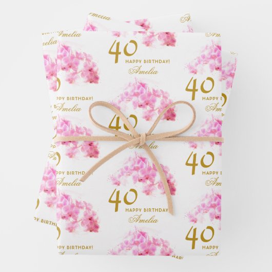 Feuille De Papier Cadeau Aquarelle rose orchidée Parties scintillant or 40e (En situation)