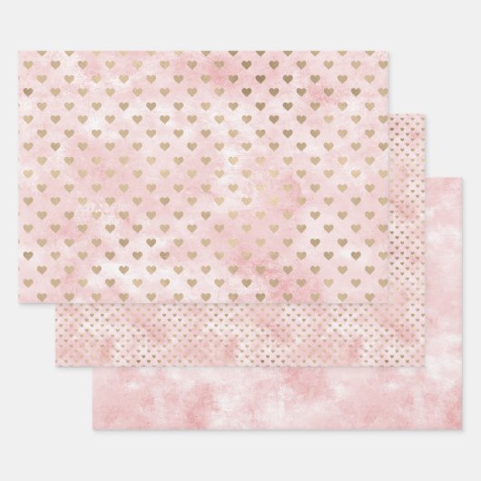 Feuille De Papier Cadeau Aquarelle rose pâle Coeurs d'or (Lot)