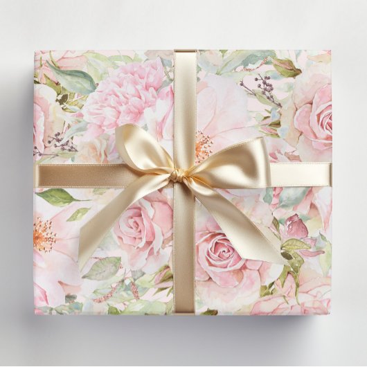 Feuille De Papier Cadeau Aquarelle rose pâle Rose Floral