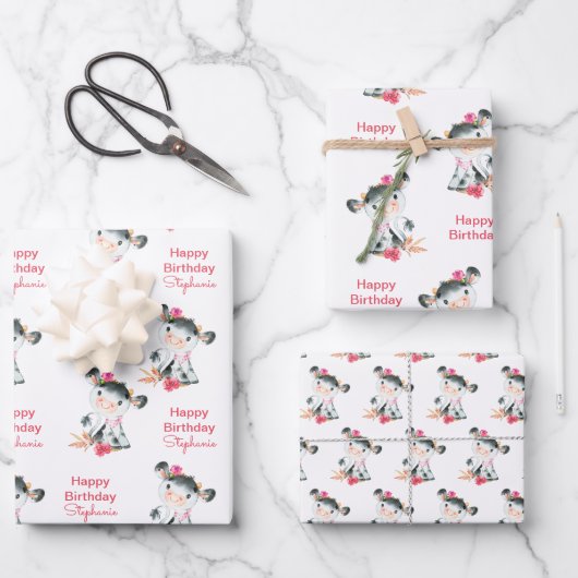 Feuille De Papier Cadeau Aquarelle rose Petite vache (Recto)