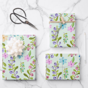 Feuille De Papier Cadeau Aquarelle rose, violet, Bleu Petites Fleurs