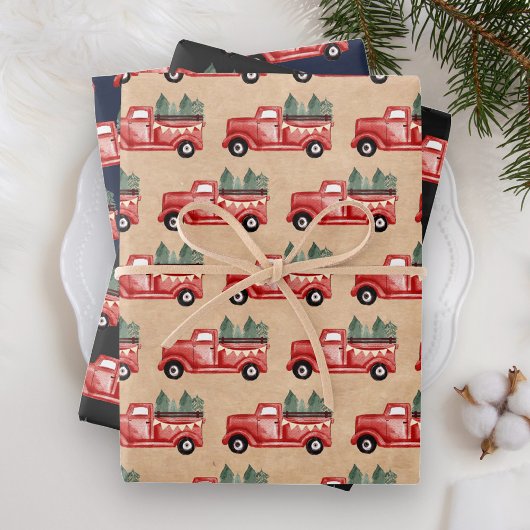 Feuille De Papier Cadeau Aquarelle rustique Camion de Noël rouge