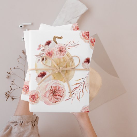 Feuille De Papier Cadeau Aquarelle tendance Citrouille et fleurs | Automne