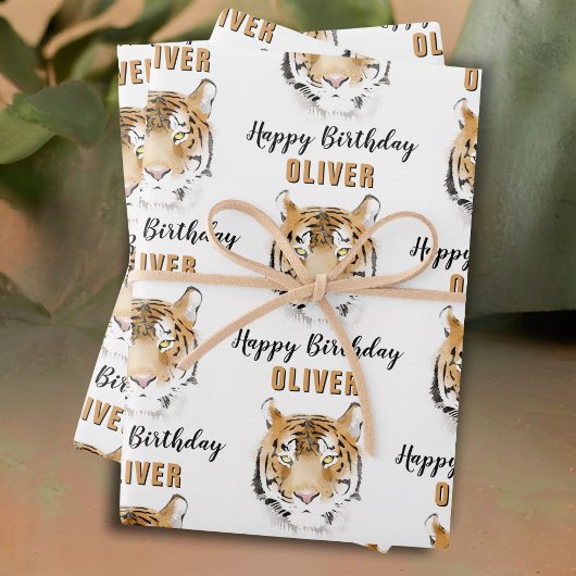 Feuille De Papier Cadeau Aquarelle Tiger Head Animal Joyeux Anniversaire