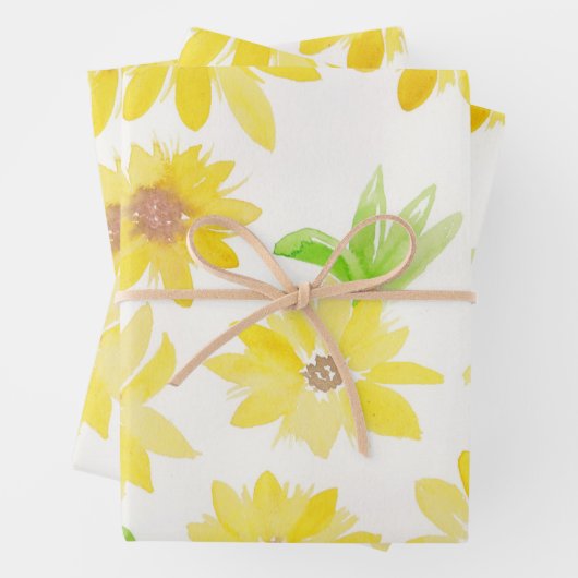 Feuille De Papier Cadeau Aquarelle tournesol vert Jaune Motif (En situation)