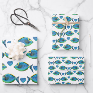 Feuille De Papier Cadeau Aquarelle Tropical Blue Fish and Hearts