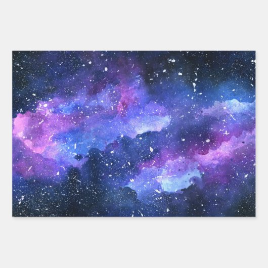Feuille De Papier Cadeau Aquarelle Universe de l'espace galaxique violet (Devant)