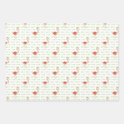 Feuille De Papier Cadeau Aquarelle vert avec Flamants roses roses (Devant 2)