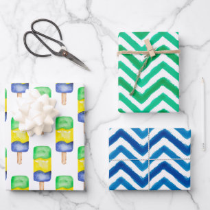 Feuille De Papier Cadeau Aquarelle vert et bleu Popsicle Chevron