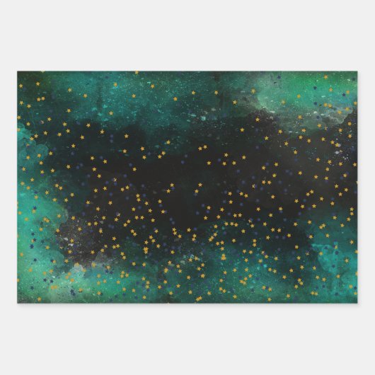 Feuille De Papier Cadeau Aquarelle Vert foncé avec étoiles d'or (Devant 2)