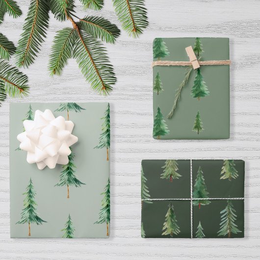 Feuille De Papier Cadeau Aquarelle verte moderne sapin de Noël