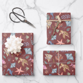 Feuille De Papier Cadeau Aquarelle Vie Océan Texturé Gris Sangria