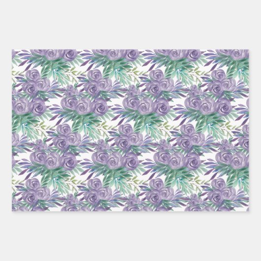 Feuille De Papier Cadeau Aquarelle violette Rose peinte à la main (Devant 3)