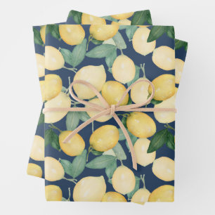 Feuille De Papier Cadeau Aquarelles Citrons sur Bleu Nuit