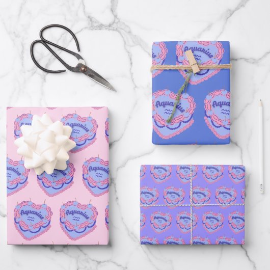 Feuille De Papier Cadeau Aquarius Zodiac Coquette Coeur gâteau d'anniversai (Recto)