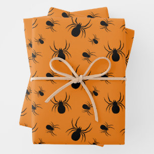 Feuille De Papier Cadeau Araignées Halloween motif noir et orange