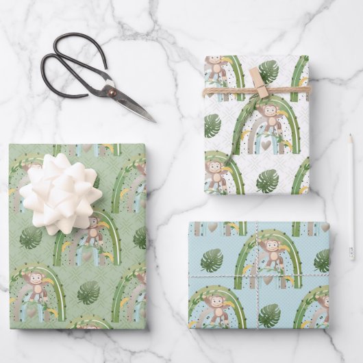 Feuille De Papier Cadeau Arbre à singe jaune vert Baby shower arc en ciel (Recto)