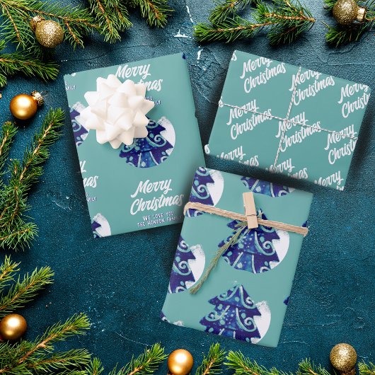 Feuille De Papier Cadeau Arbre de Noël Arbre Artistique Bleu Joyeux Script