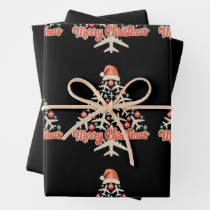 Feuille De Papier Cadeau Arbre de Noël Avion Pilote Xmas Vacances Famille