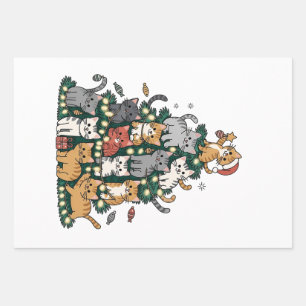 Feuille De Papier Cadeau Arbre de Noël Chat Drôle Chaton Animal de Compagni