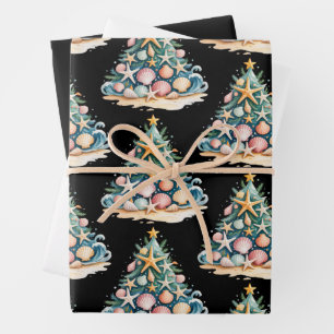 Feuille De Papier Cadeau Arbre de Noël Coquillages Eau Océan Étoile de Mer 